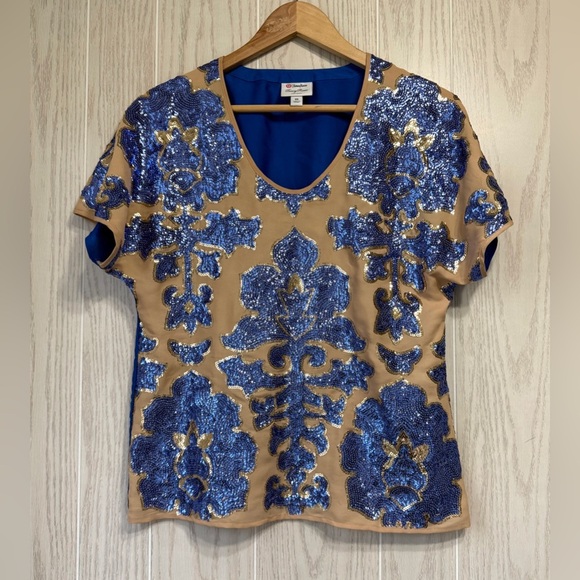 Neiman Marcus Designer Sequined V-Neck Blouse XS Royal Blue Gold Club Wear EUC - Picture 1 of 3